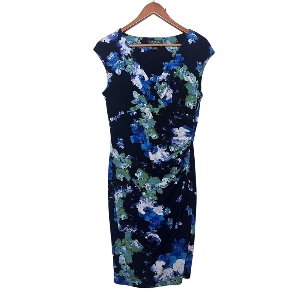 Lauren Ralph Lauren Floral Side Ruched Stretch Dress Women’s Sz 8 Blue